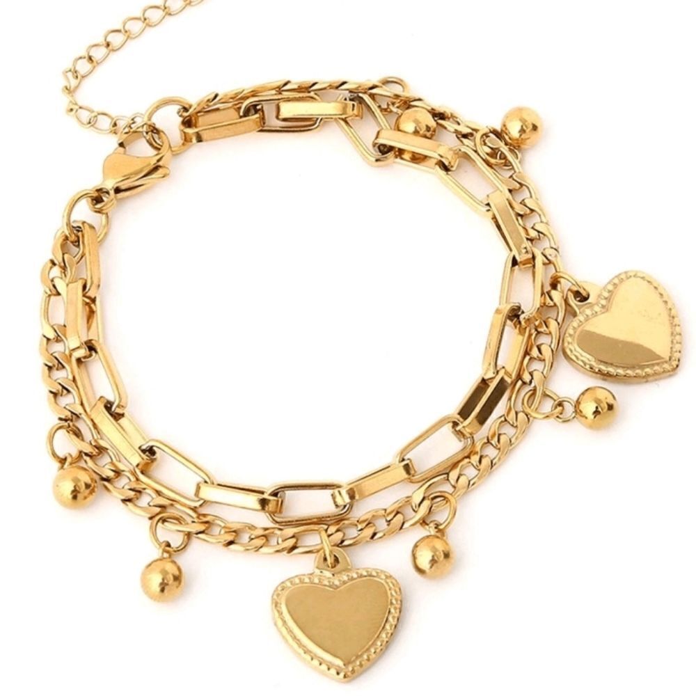 Multi Layer Heart Paperclip Gold Bracelet